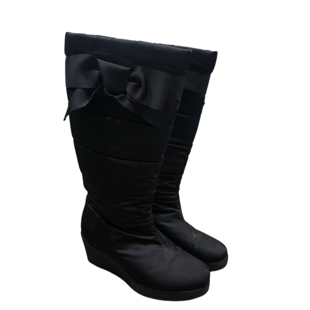 Kate Spade New York Women 9 Black Puffer Wedge Boots Bow Winter Snow Quilted